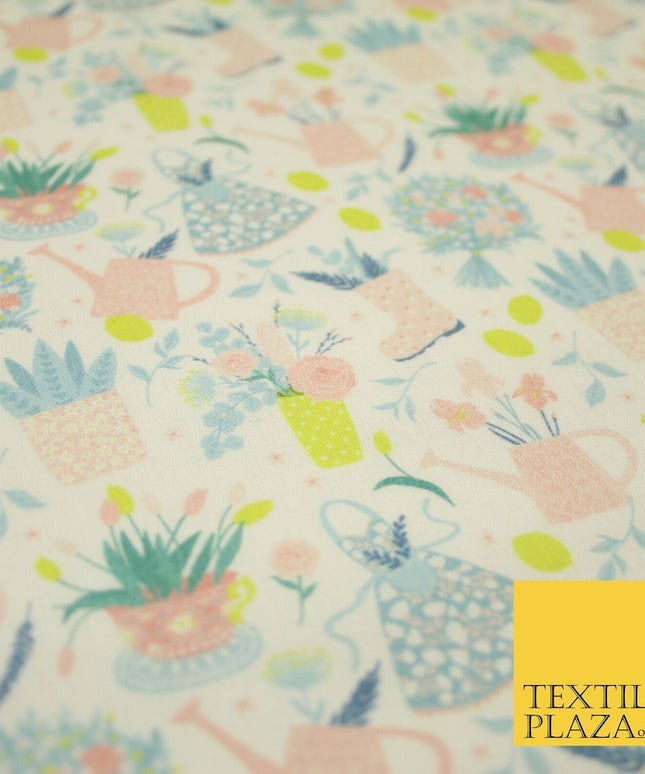 White Pastel Summer Flower Pots Garden Digital Print 100% Cotton Fabric 8228