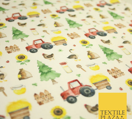 White Tractor Farming Theme Tree Sunflower Digital Print 100% Cotton Fabric 8225