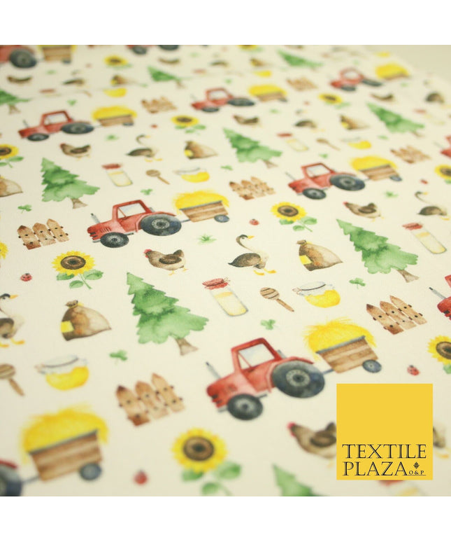 White Tractor Farming Theme Tree Sunflower Digital Print 100% Cotton Fabric 8225
