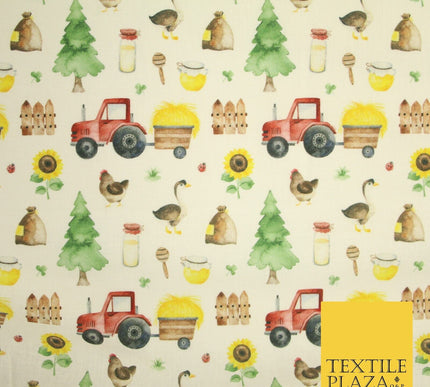 White Tractor Farming Theme Tree Sunflower Digital Print 100% Cotton Fabric 8225