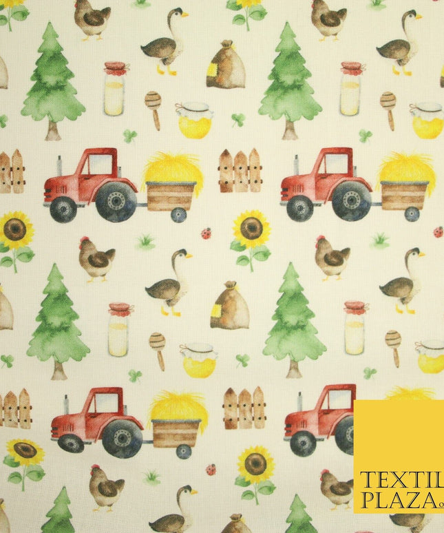 White Tractor Farming Theme Tree Sunflower Digital Print 100% Cotton Fabric 8225
