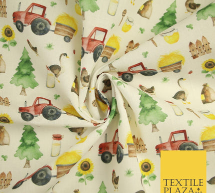 White Tractor Farming Theme Tree Sunflower Digital Print 100% Cotton Fabric 8225