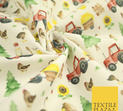 White Tractor Farming Theme Tree Sunflower Digital Print 100% Cotton Fabric 8225