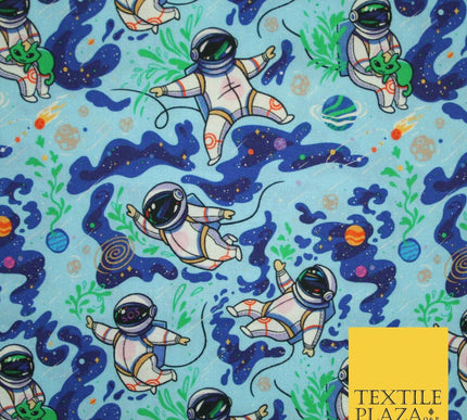 Blue Floating Space Man Astronaut Planets Digital Print 100% Cotton Fabric 8224