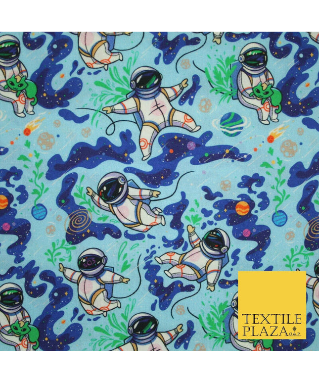 Blue Floating Space Man Astronaut Planets Digital Print 100% Cotton Fabric 8224