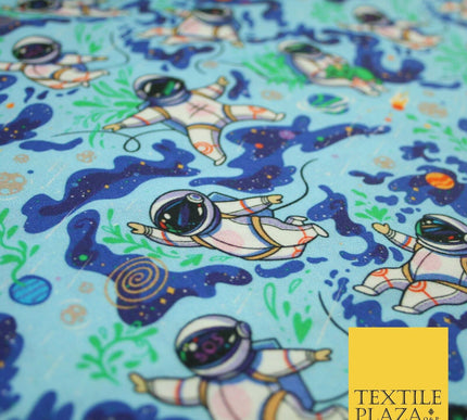 Blue Floating Space Man Astronaut Planets Digital Print 100% Cotton Fabric 8224