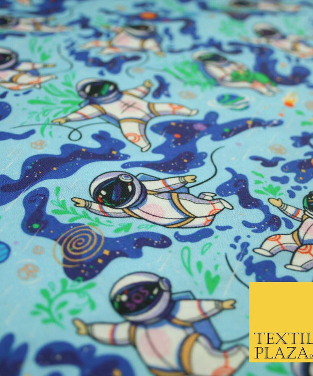 Blue Floating Space Man Astronaut Planets Digital Print 100% Cotton Fabric 8224