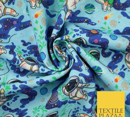 Blue Floating Space Man Astronaut Planets Digital Print 100% Cotton Fabric 8224