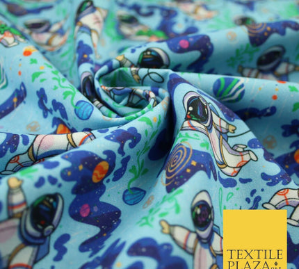 Blue Floating Space Man Astronaut Planets Digital Print 100% Cotton Fabric 8224