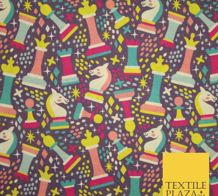 Purple Colourful Chess Pieces Dotted Digital Print 100% Cotton Fabric 8223