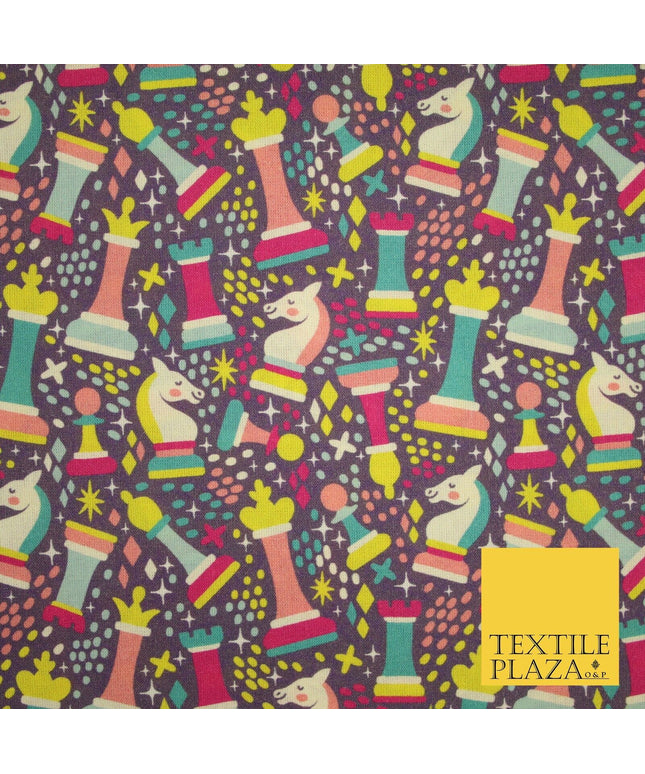 Purple Colourful Chess Pieces Dotted Digital Print 100% Cotton Fabric 8223