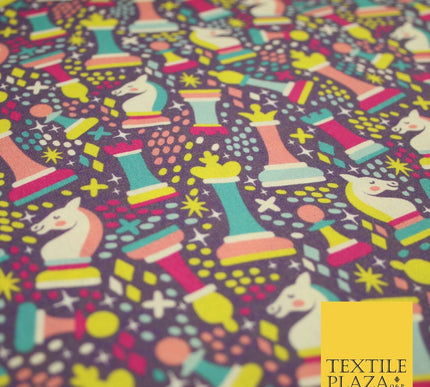 Purple Colourful Chess Pieces Dotted Digital Print 100% Cotton Fabric 8223