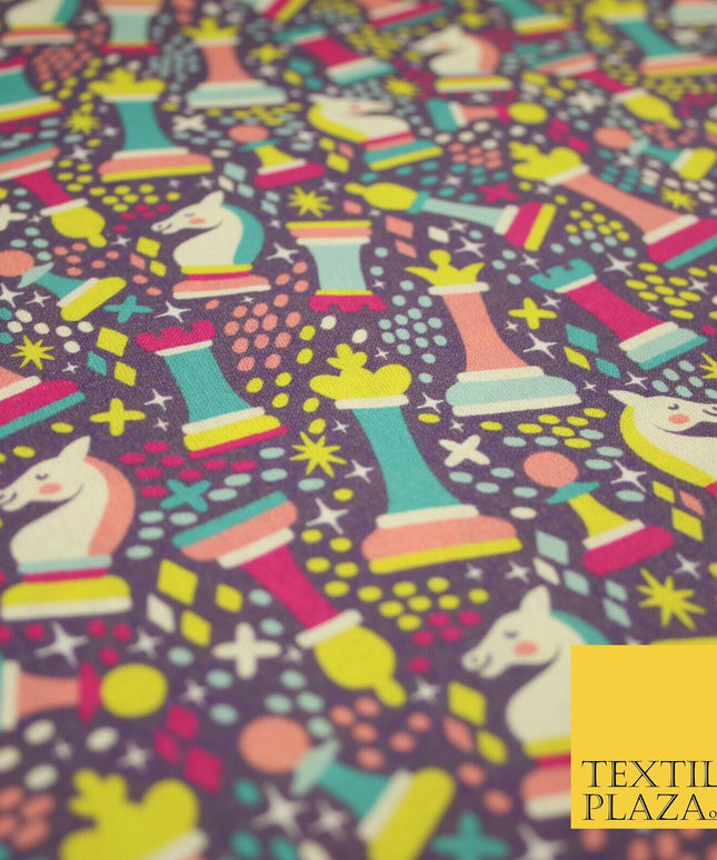 Purple Colourful Chess Pieces Dotted Digital Print 100% Cotton Fabric 8223