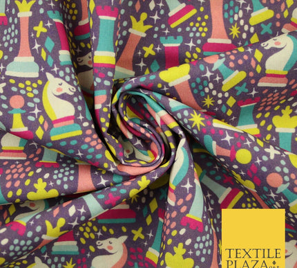 Purple Colourful Chess Pieces Dotted Digital Print 100% Cotton Fabric 8223