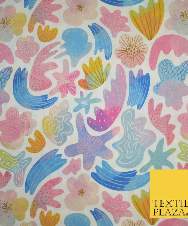 Colourful Watercolour Artsy Sea Shells Digital Print 100% Cotton Fabric 8219