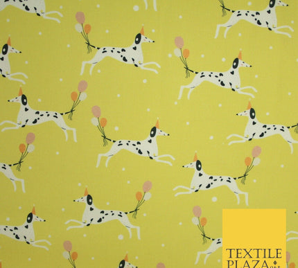 Yellow Dalmatian Party Hat Dog Balloons Digital Print 100% Cotton Fabric 8218
