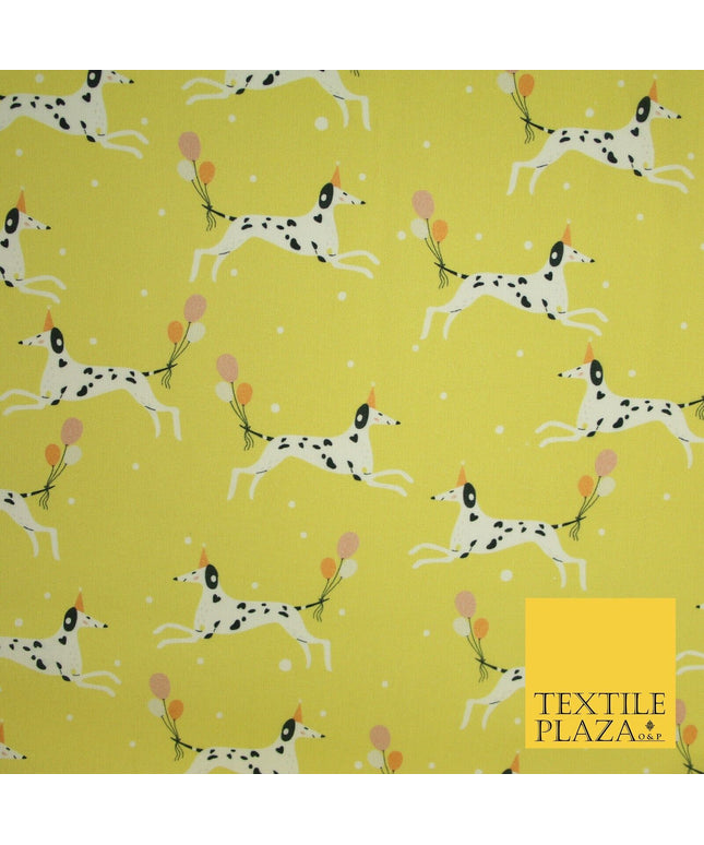 Yellow Dalmatian Party Hat Dog Balloons Digital Print 100% Cotton Fabric 8218