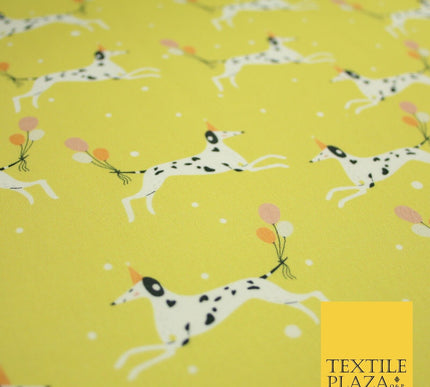 Yellow Dalmatian Party Hat Dog Balloons Digital Print 100% Cotton Fabric 8218
