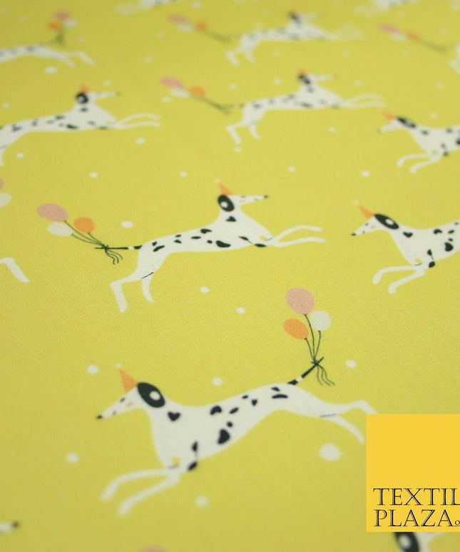 Yellow Dalmatian Party Hat Dog Balloons Digital Print 100% Cotton Fabric 8218