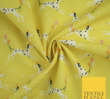 Yellow Dalmatian Party Hat Dog Balloons Digital Print 100% Cotton Fabric 8218