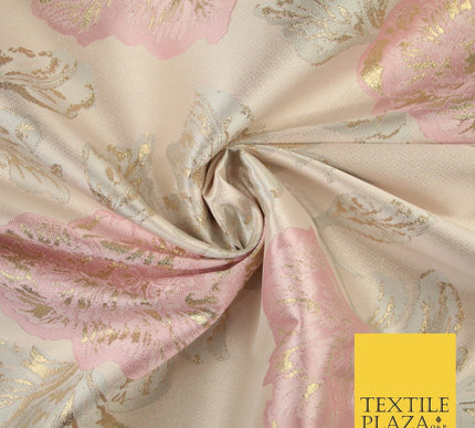 Light Pink Oversized Floral  Metallic Gold Brocade Jacquard Dress Fabric 8207