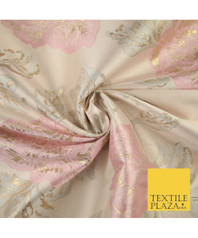 Light Pink Oversized Floral  Metallic Gold Brocade Jacquard Dress Fabric 8207