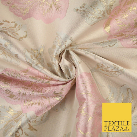 Light Pink Oversized Floral  Metallic Gold Brocade Jacquard Dress Fabric 8207