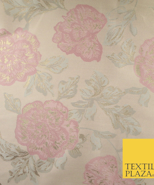 Light Pink Oversized Floral  Metallic Gold Brocade Jacquard Dress Fabric 8207