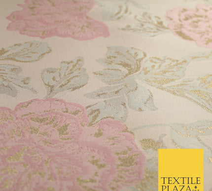 Light Pink Oversized Floral  Metallic Gold Brocade Jacquard Dress Fabric 8207