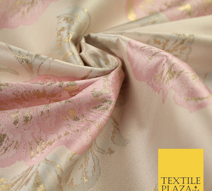 Light Pink Oversized Floral  Metallic Gold Brocade Jacquard Dress Fabric 8207