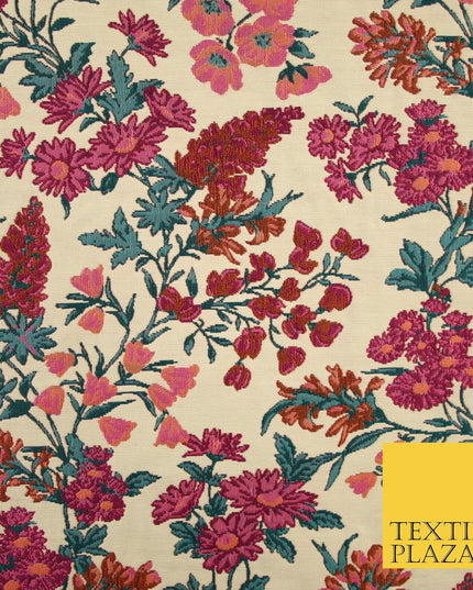 Cream Beige Pink Floral Gardenia Textured Brocade Jacquard Dress Fabric 8202