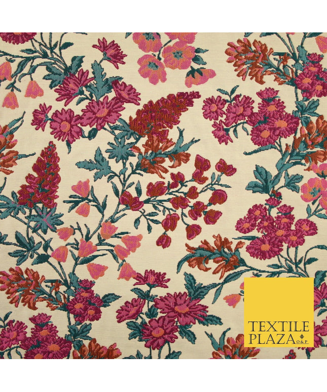 Cream Beige Pink Floral Gardenia Textured Brocade Jacquard Dress Fabric 8202