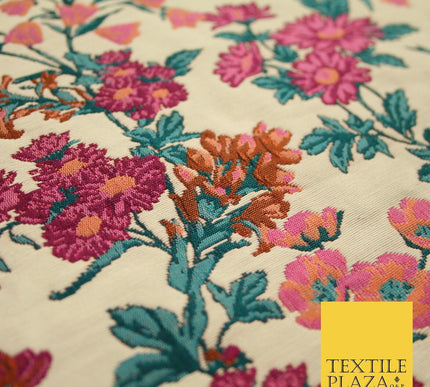 Cream Beige Pink Floral Gardenia Textured Brocade Jacquard Dress Fabric 8202