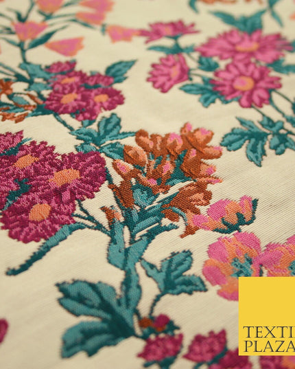 Cream Beige Pink Floral Gardenia Textured Brocade Jacquard Dress Fabric 8202