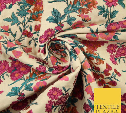 Cream Beige Pink Floral Gardenia Textured Brocade Jacquard Dress Fabric 8202