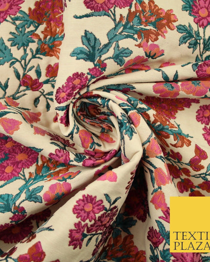 Cream Beige Pink Floral Gardenia Textured Brocade Jacquard Dress Fabric 8202