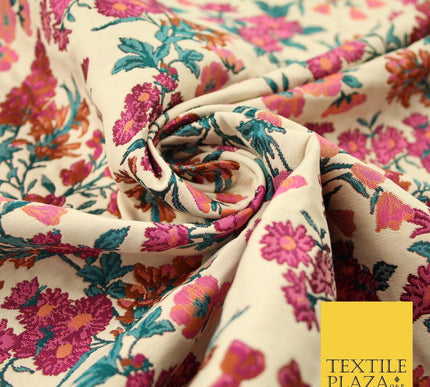 Cream Beige Pink Floral Gardenia Textured Brocade Jacquard Dress Fabric 8202