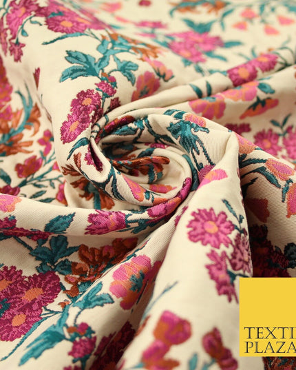 Cream Beige Pink Floral Gardenia Textured Brocade Jacquard Dress Fabric 8202