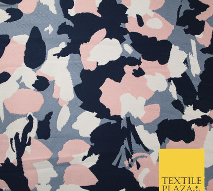 Navy Blue Pink Denim Abstract Artsy Floral Soft Brocade Jacquard Fabric 8201