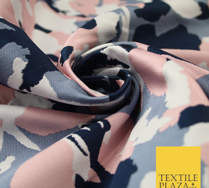 Navy Blue Pink Denim Abstract Artsy Floral Soft Brocade Jacquard Fabric 8201