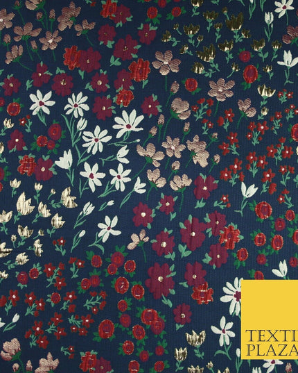 Navy Blue Floral Garden Metallic Creased Textured Brocade Jacquard Fabric 8200