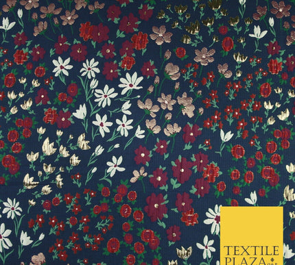 Navy Blue Floral Garden Metallic Creased Textured Brocade Jacquard Fabric 8200