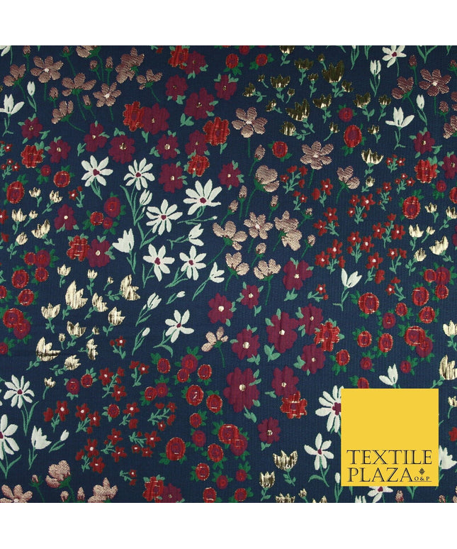 Navy Blue Floral Garden Metallic Creased Textured Brocade Jacquard Fabric 8200
