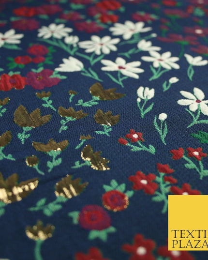 Navy Blue Floral Garden Metallic Creased Textured Brocade Jacquard Fabric 8200