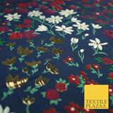 Navy Blue Floral Garden Metallic Creased Textured Brocade Jacquard Fabric 8200