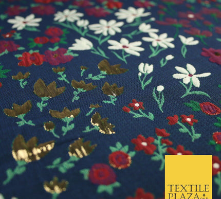 Navy Blue Floral Garden Metallic Creased Textured Brocade Jacquard Fabric 8200