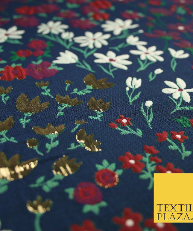 Navy Blue Floral Garden Metallic Creased Textured Brocade Jacquard Fabric 8200