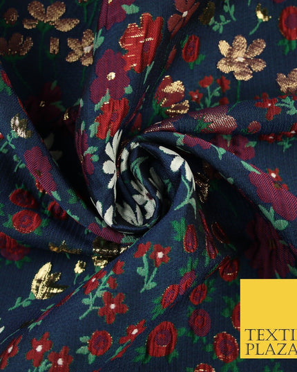 Navy Blue Floral Garden Metallic Creased Textured Brocade Jacquard Fabric 8200