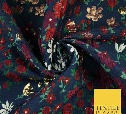 Navy Blue Floral Garden Metallic Creased Textured Brocade Jacquard Fabric 8200