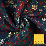 Navy Blue Floral Garden Metallic Creased Textured Brocade Jacquard Fabric 8200